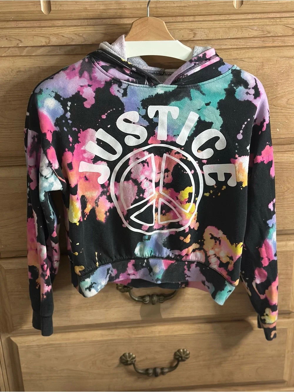 Justice | Girls' Black Baggy Tie-Dye Peace Logo Hoodie | Size Large